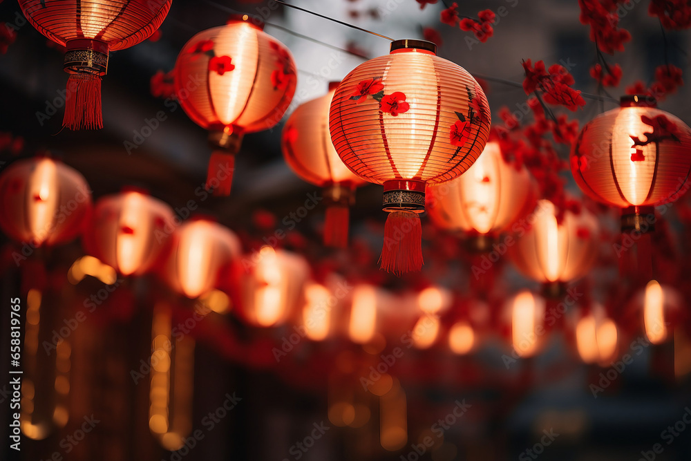 Naklejka premium Lively Illumination, Traditional Asian New Year Red Lamps Festival