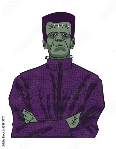 Cartoon drawing of Frankenstein's monster. Common character in Halloween celebrations. Vector illustration isolated on transparent background.