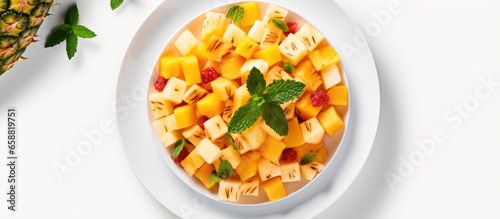 Fruit salad in pineapple on white plate from top view With copyspace for text