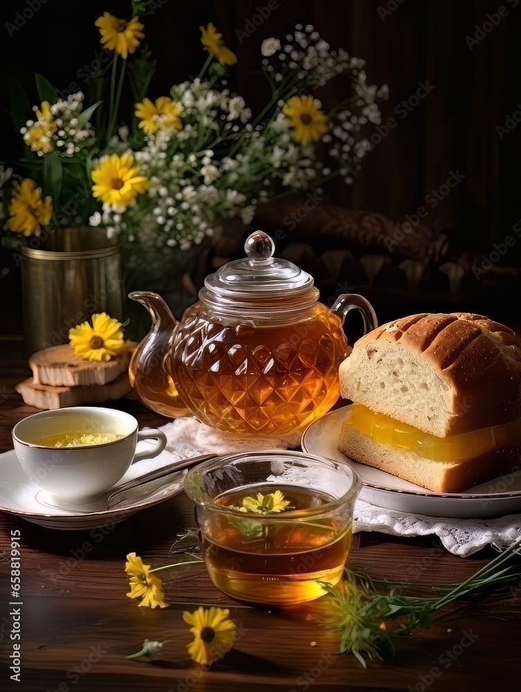 Lush fresh buns with honey and tea on the table. AI