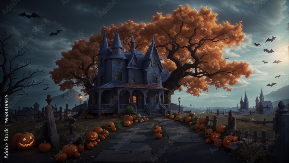 Obraz premium halloween night in the forest house - ia generativa