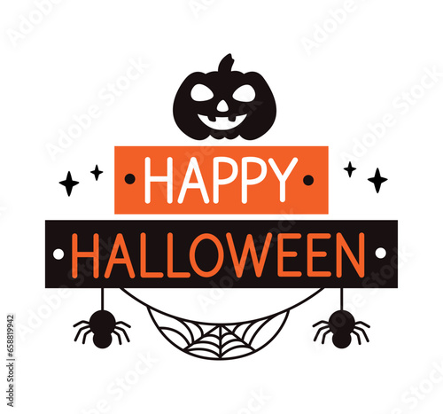 halloween lettering with pumpkin and spiders