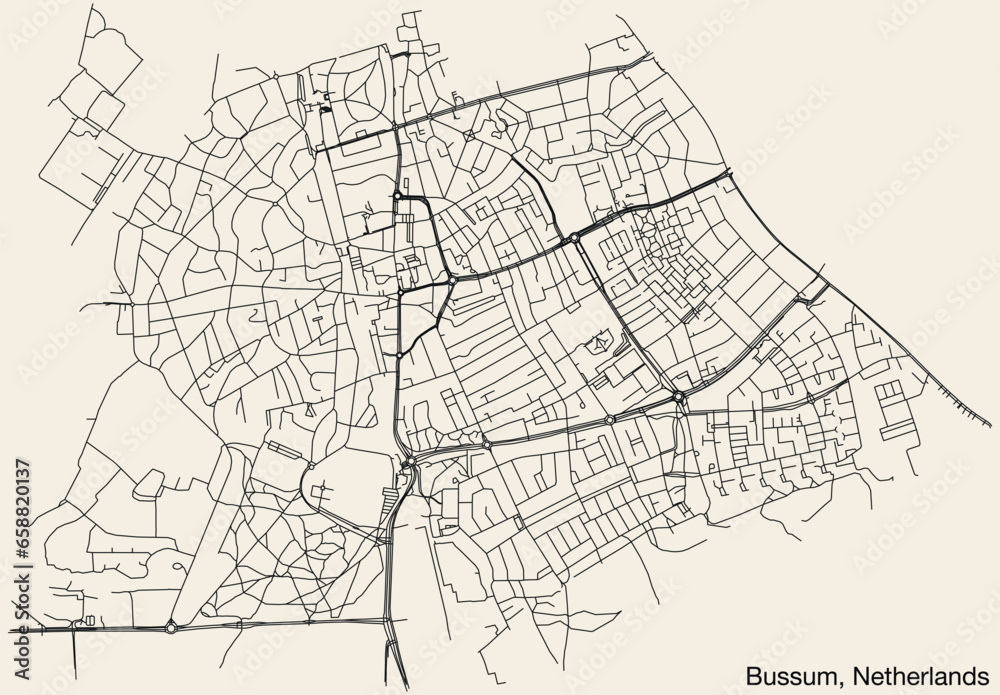 Detailed hand-drawn navigational urban street roads map of the Dutch city of BUSSUM, NETHERLANDS with solid road lines and name tag on vintage background