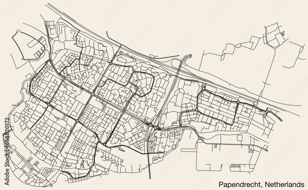 Detailed hand-drawn navigational urban street roads map of the Dutch city of PAPENDRECHT, NETHERLANDS with solid road lines and name tag on vintage background