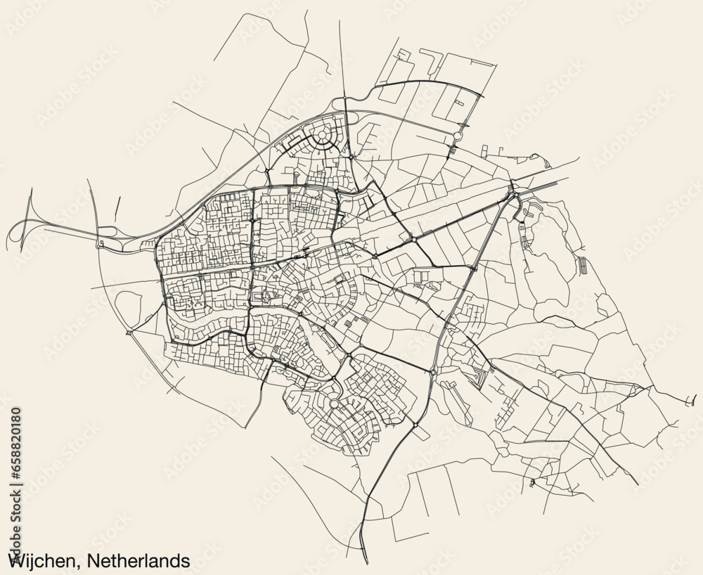 Detailed hand-drawn navigational urban street roads map of the Dutch city of WIJCHEN, NETHERLANDS with solid road lines and name tag on vintage background