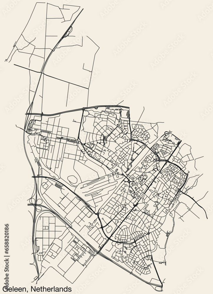 Detailed hand-drawn navigational urban street roads map of the Dutch city of GELEEN, NETHERLANDS with solid road lines and name tag on vintage background