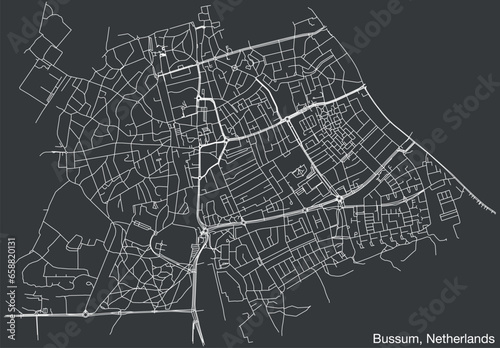 Detailed hand-drawn navigational urban street roads map of the Dutch city of BUSSUM, NETHERLANDS with solid road lines and name tag on vintage background