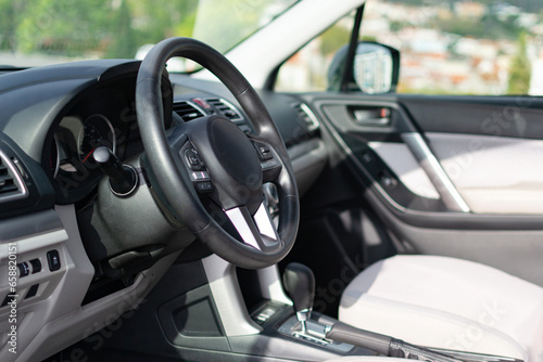 Automobile interior, inside vehicle grey panel and beige luxury salon.