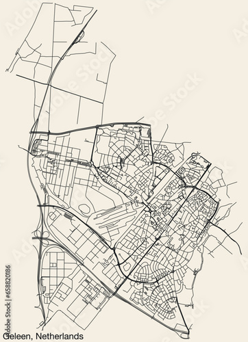 Detailed hand-drawn navigational urban street roads map of the Dutch city of GELEEN, NETHERLANDS with solid road lines and name tag on vintage background
