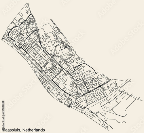 Detailed hand-drawn navigational urban street roads map of the Dutch city of MAASSLUIS, NETHERLANDS with solid road lines and name tag on vintage background photo