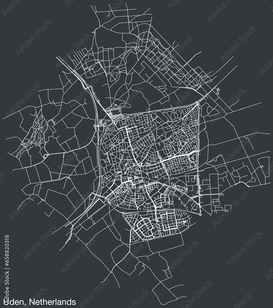 Detailed hand-drawn navigational urban street roads map of the Dutch city of UDEN, NETHERLANDS with solid road lines and name tag on vintage background
