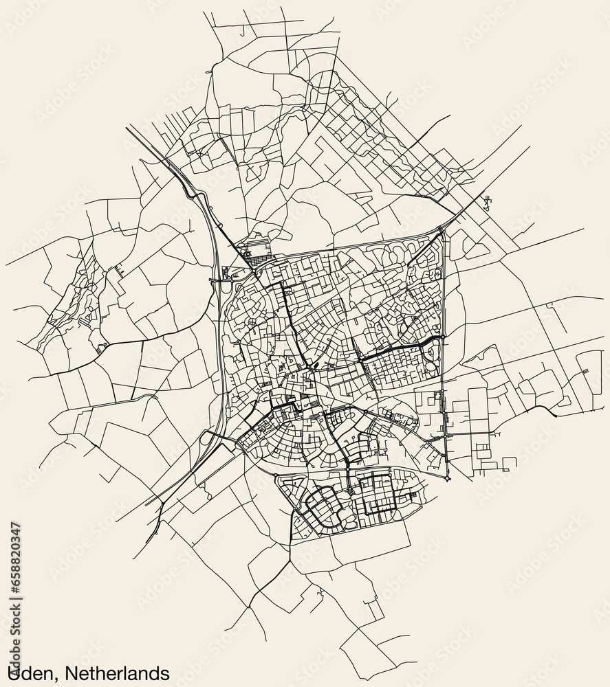 Detailed hand-drawn navigational urban street roads map of the Dutch city of UDEN, NETHERLANDS with solid road lines and name tag on vintage background