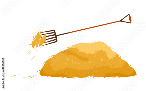 Hay heap and pitchfork for agricultural work vector illustration. Cartoon isolated vintage farm rake and yellow straw pile, dry summer grass of stable forage and fodder for animals on rural ranch