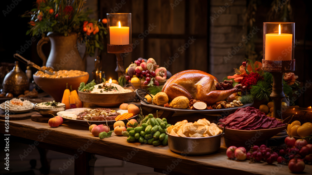 Fruitful Gratitude: Thanksgiving Feast Table with Chicken and an Assortment of Fruits