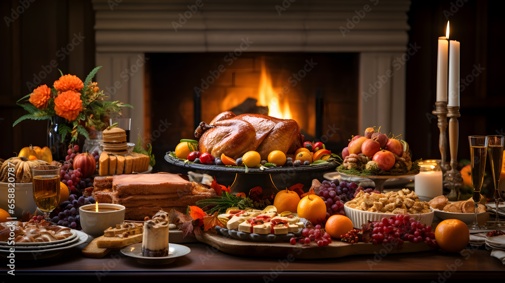 Thanksgiving Harvest Spread: Feast Table with Chicken and a Medley of Fruits