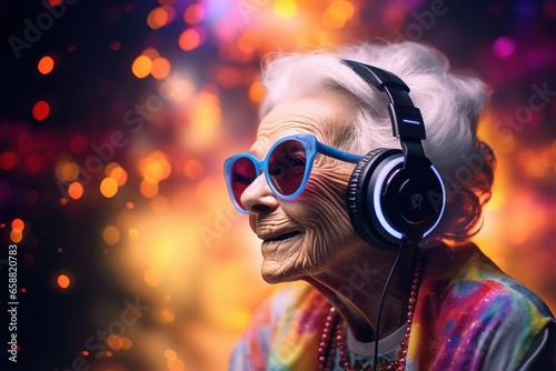 elderly woman immersed in music through large headphones © horace