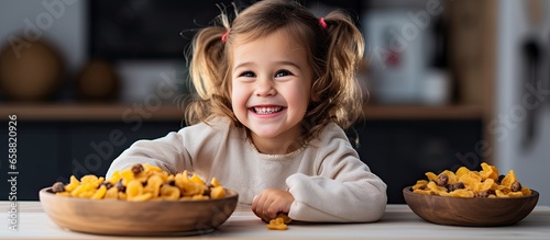 Child snacking on dried fruits in the kitchen With copyspace for text