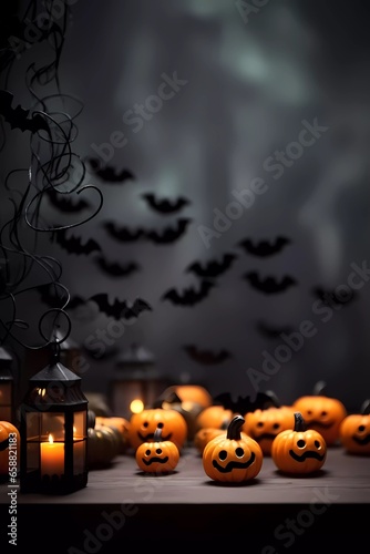 Autumn Halloween decorations wit a cute little felt toy pumpkins. Halloween Pumpkins on a dark background. Autumn Holiday Halloween. Generative AI