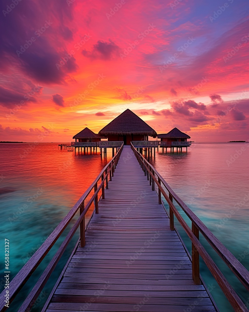 tropical paradise maldives style huts.  - obrazy, fototapety, plakaty 