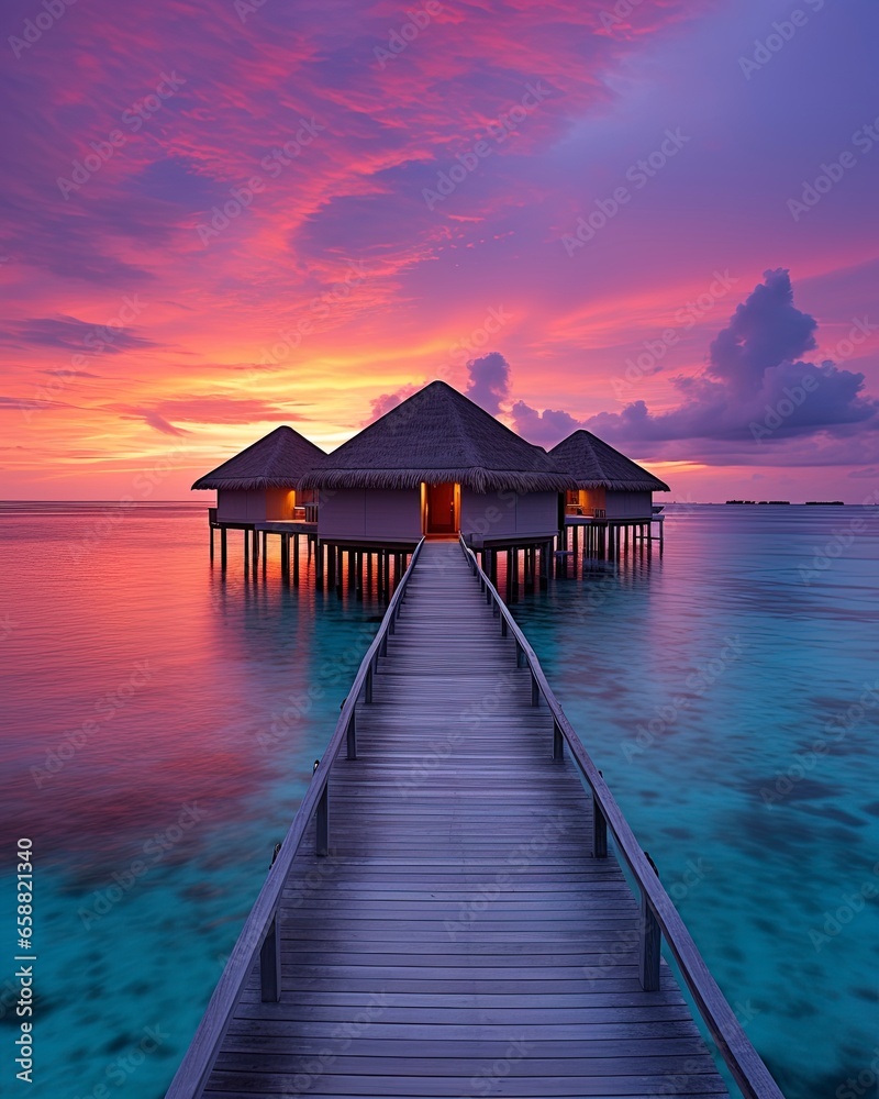 tropical paradise maldives style huts.  - obrazy, fototapety, plakaty 