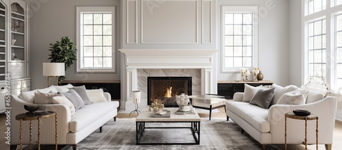 Luxurious new traditional style home with a beautiful living room Includes vaulted ceilings a roaring fireplace and elegant furnishings With copyspace for text