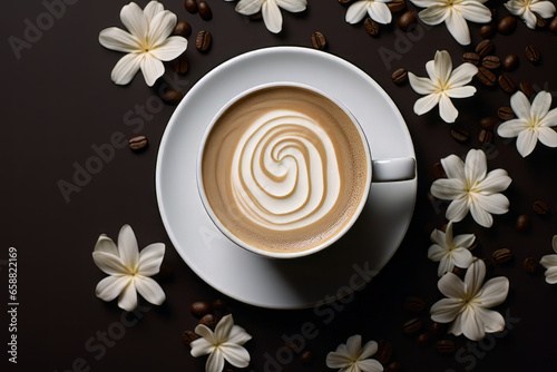 floral accents around a single coffee cup