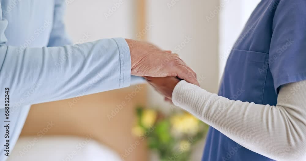 Old man, bedroom or caregiver holding hands in nursing home, retirement clinic for wellness or support. Talking, nurse or social worker helping an elderly patient for medical or injury rehabilitation Old man, bedroom or caregiver holding hands in nursing home, retirement clinic for wellness or support. Talking, nurse or social worker helping an elderly patient for medical or injury rehabilitation