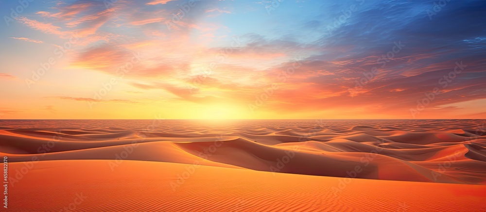Gorgeous sunset in UAE s Rub al Khali Desert With copyspace for text - obrazy, fototapety, plakaty 