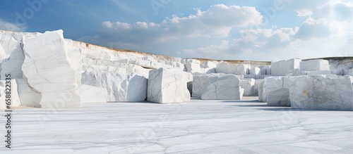 Beautiful textured white marble blocks in an abandoned quarry cloudy and horizontally cut With copyspace for text