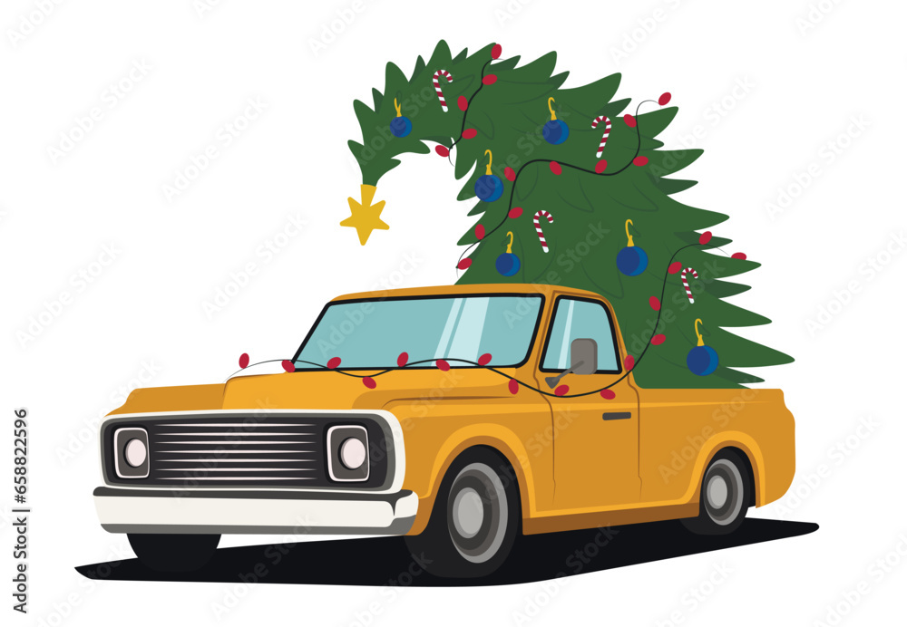 Car with Christmas tree on white background
