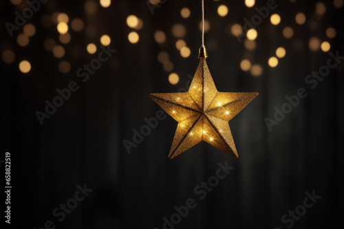 Hanging golden stars on dark background with space for text.