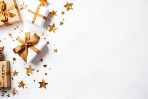 Christmas white gift box with golden ribbon and stars.