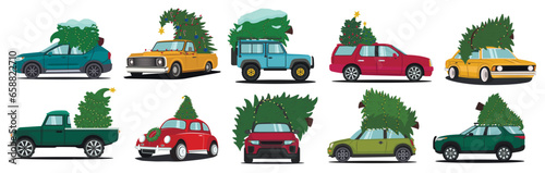 Set of many cars with Christmas trees on white background