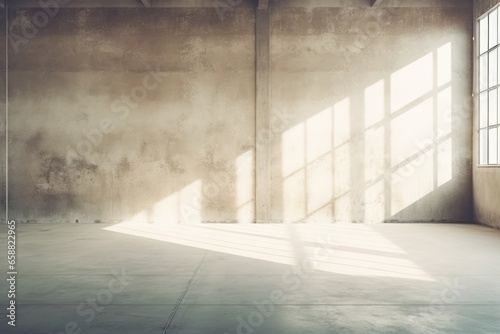 Empty grungy room with large window and sunlight