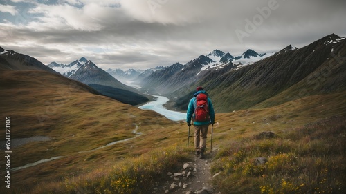 Adventurous Hiker Embarking on an Epic Journey Amidst the Enchanting and Rugged Terrain of Thompson's Majestic Mountains