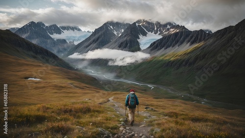 Adventurous Hiker Embarking on an Epic Journey Amidst the Enchanting and Rugged Terrain of Thompson's Majestic Mountains