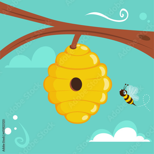 Beehive hanging on a branch vector illustration graphic background