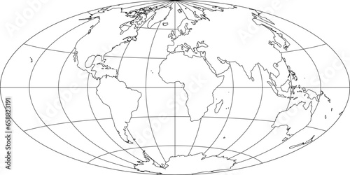 Simplified Map of World with latitude and longitude grid. Aitoff projection. White land with black stroke. Vector illustration.