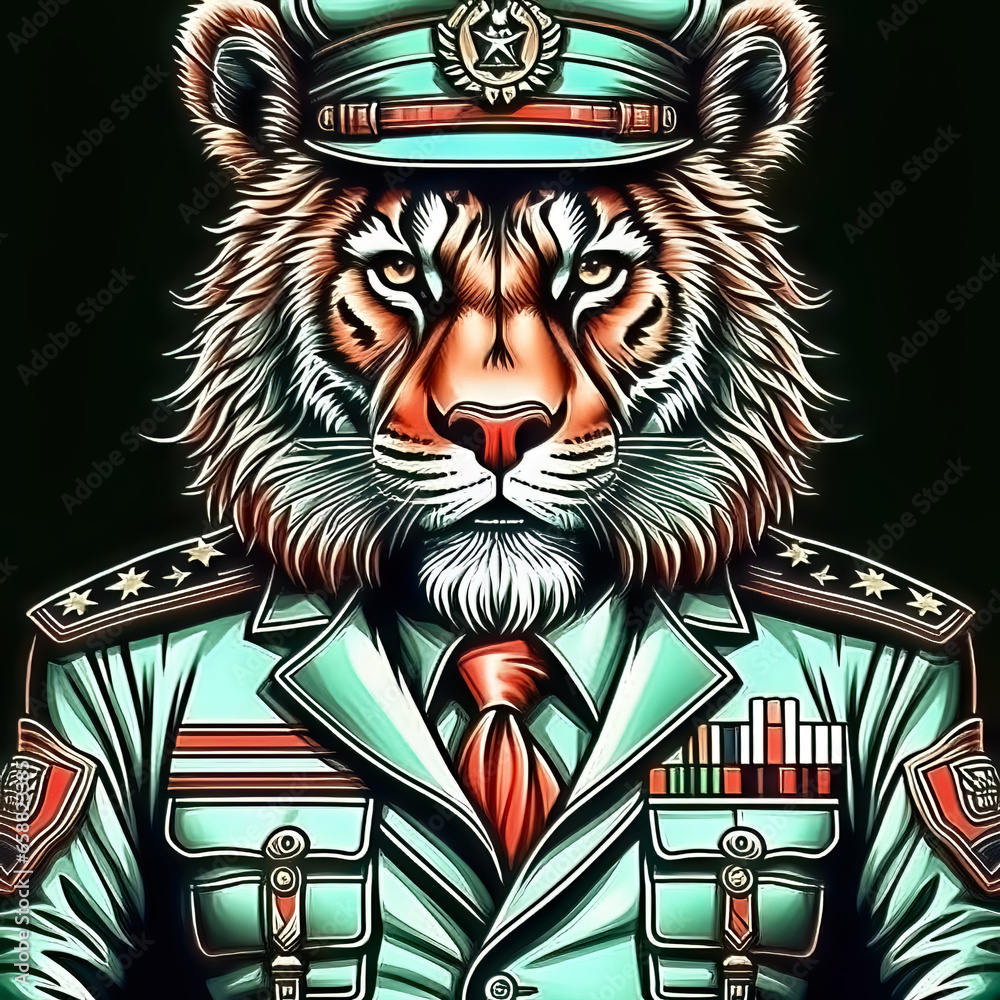 General or soldier with a head of tiger. graphic painted character in military uniform