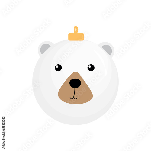 Creative Christmas ball in shape of polar bear s head on white background