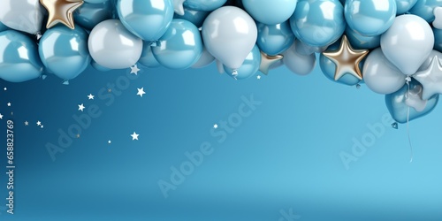 Festive balloons on a blue background, blue and white air balloons with glitter, festive background, wallpapers for celebration, clipart with air balloons, greeting background.