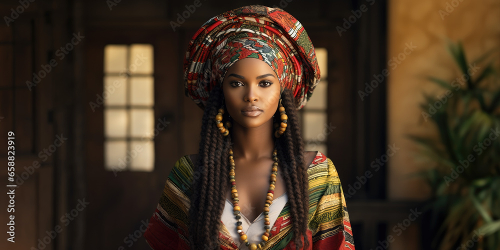 African woman in colorful traditional clothes.