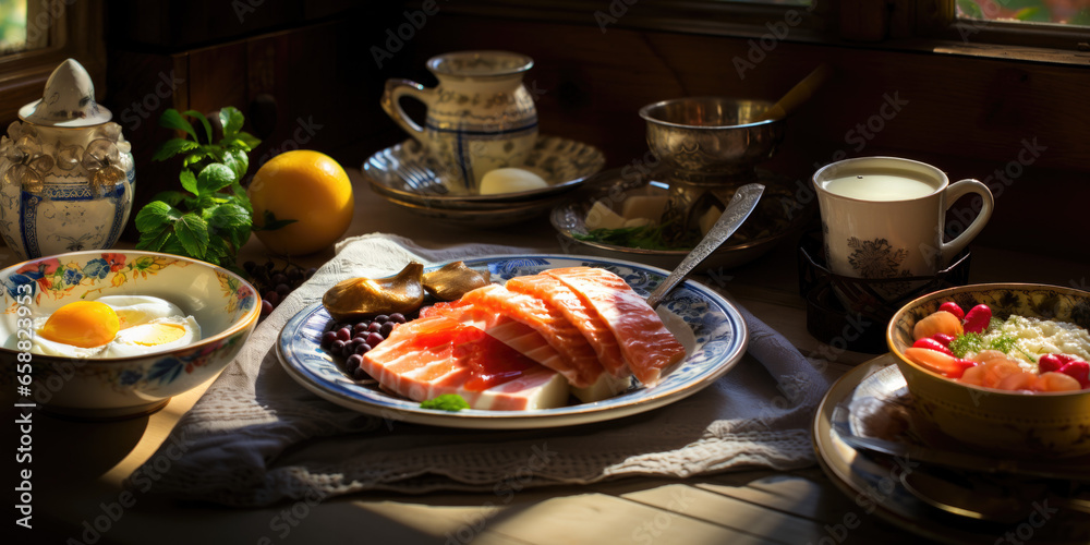 Delicious breakfast plate on the table. Delicious breakfast plate on the table.