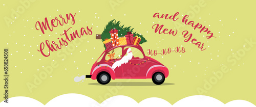 Greeting card with Santa Claus driving car with Christmas tree and gifts on green background