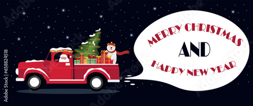 Greeting card with Santa Claus driving car with Christmas tree and gifts on black background