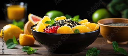 Quinoa honey lemon juice and mint added to fruit salad in a ceramic bowl on a wooden table With copyspace for text