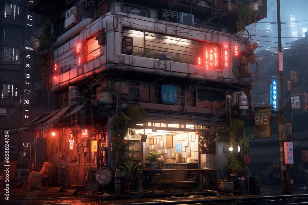 AI generated cyberpunk building at street at night with glowing neon