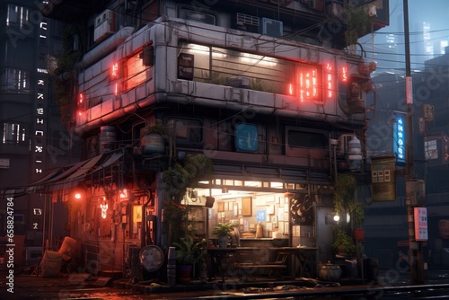 AI generated cyberpunk building at street at night with glowing neon