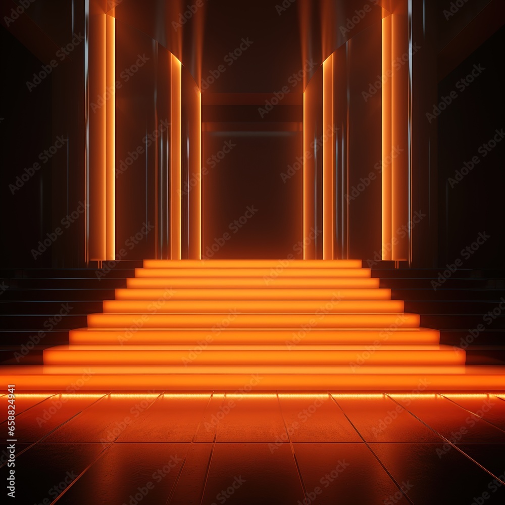 Fototapeta premium Abstract orange neon background, glowing vertical lines, illuminated stairs, fashion podium, performance stage