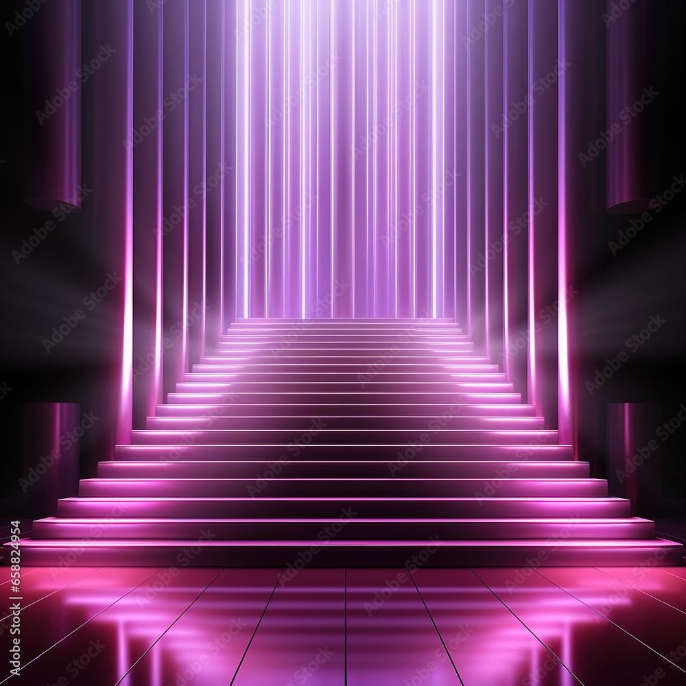 Abstract pink neon background, glowing vertical lines, illuminated stairs, fashion podium, performance stage Abstract pink neon background, glowing vertical lines, illuminated stairs, fashion podium, performance stage